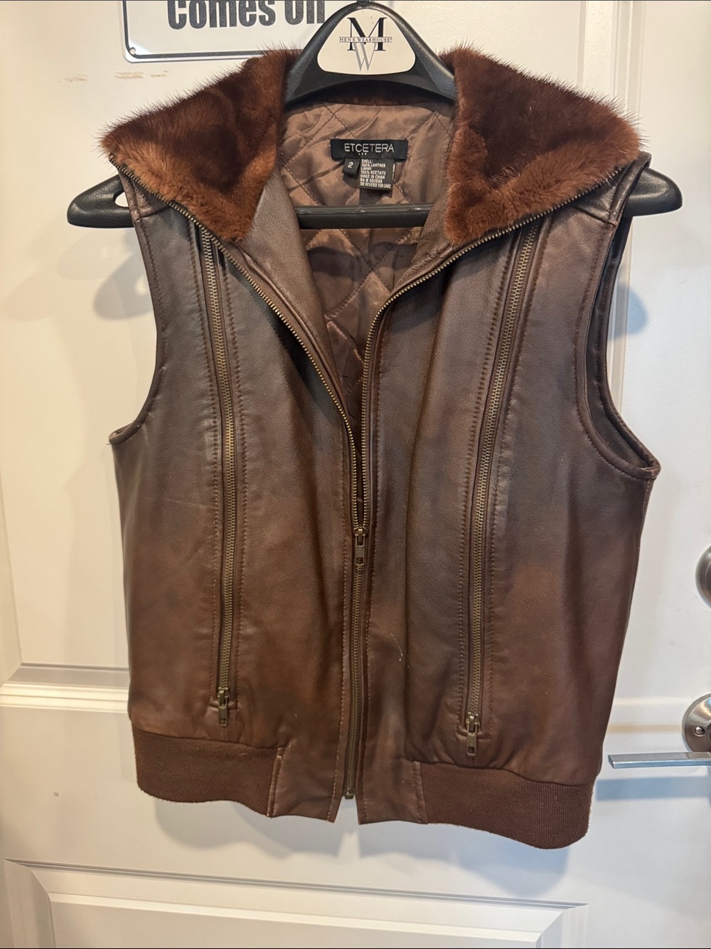 Etcetera Brown Leather Vest with Genuine Mink collar Trim